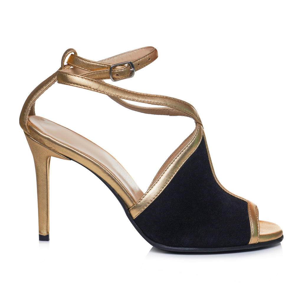 Sandale piele intoarsa negru cu auriu Elegance  -orice culoare