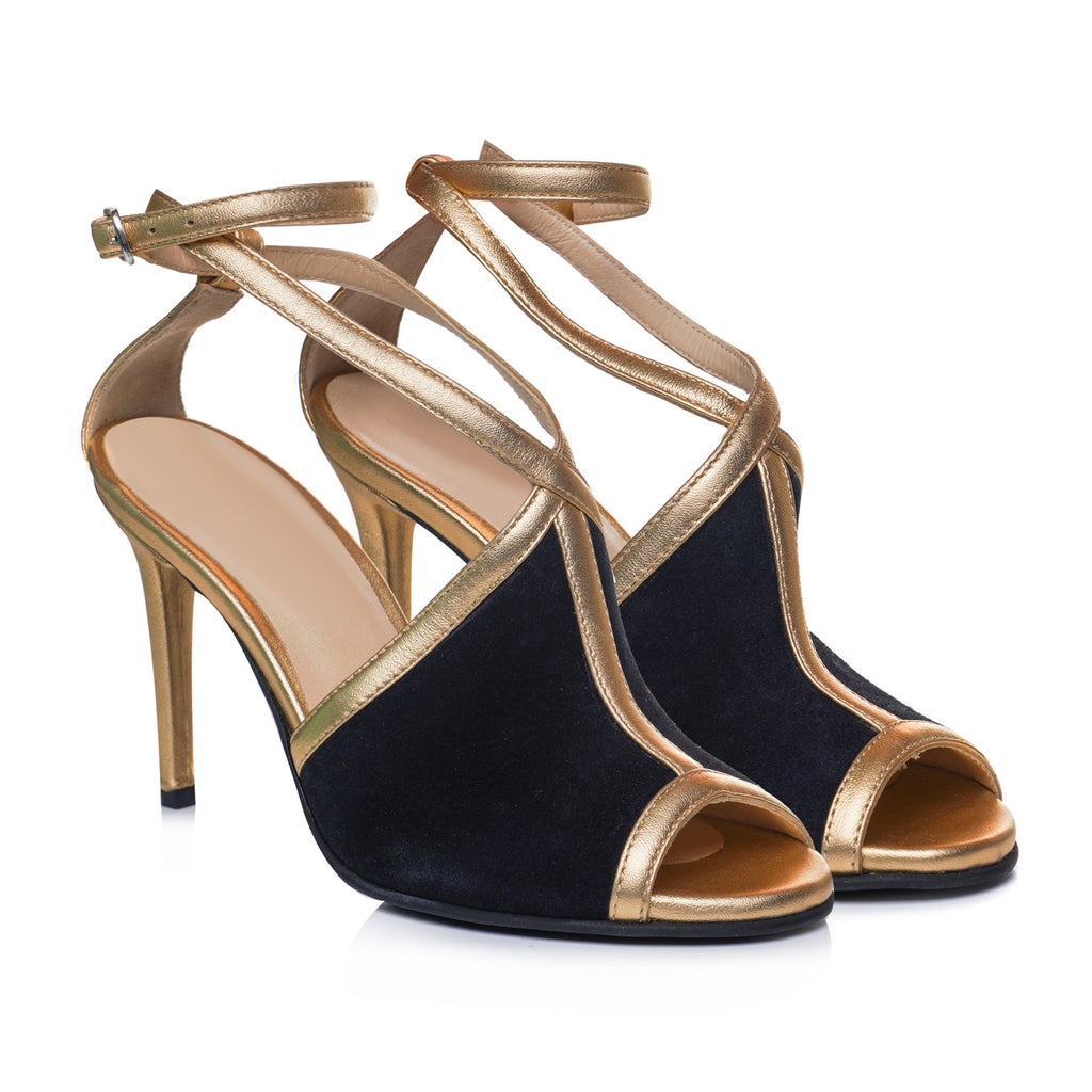 Sandale piele intoarsa negru cu auriu Elegance  -orice culoare