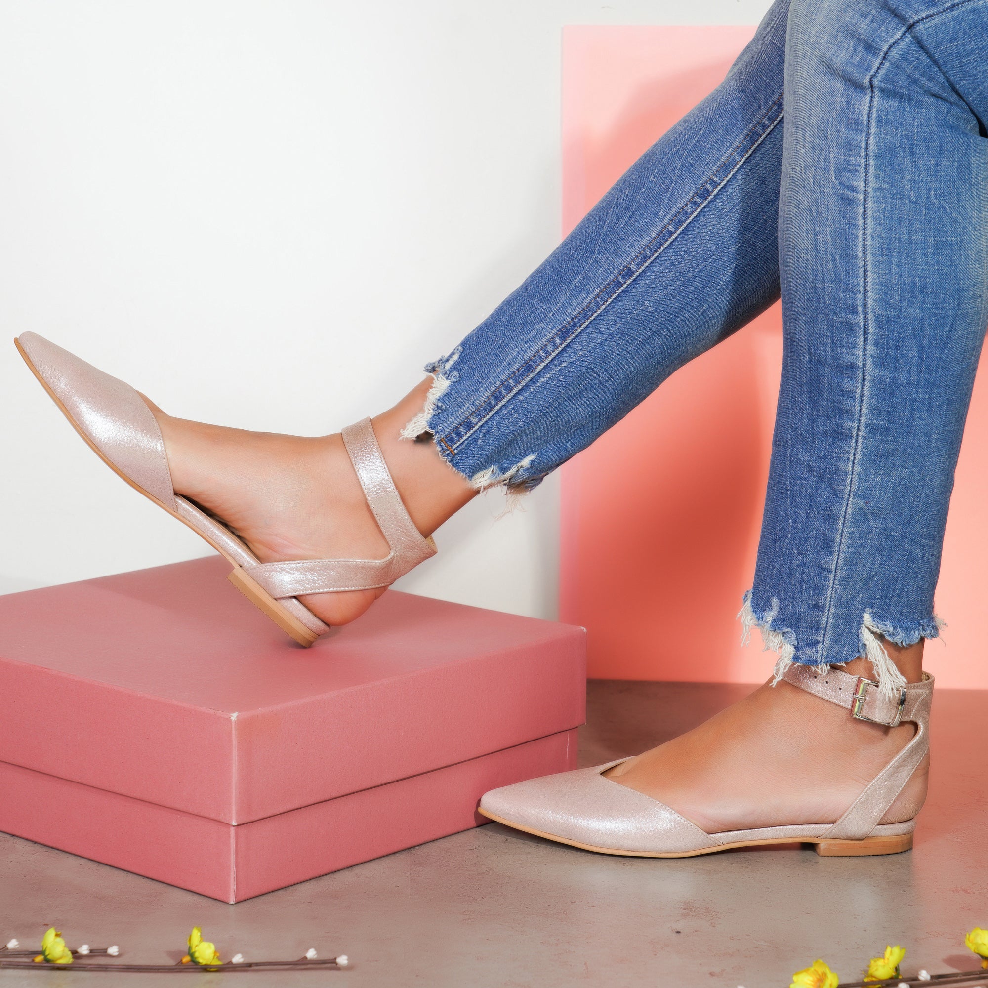 Balerini piele naturala auriu pal cu bareta pe glezna E10 - orice culoare