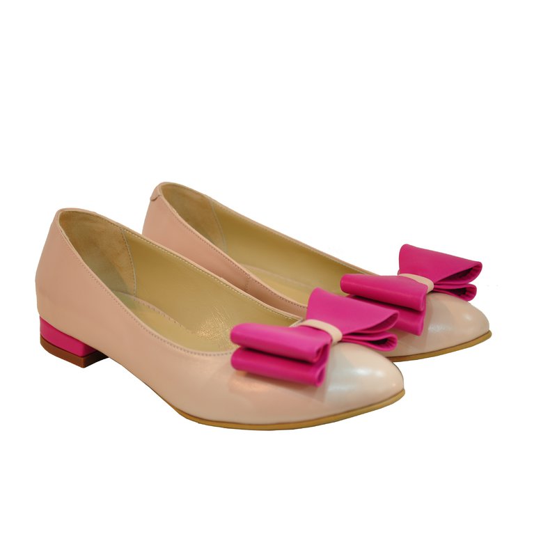 Balerini piele bej cu funda roz/mov- orice culoare