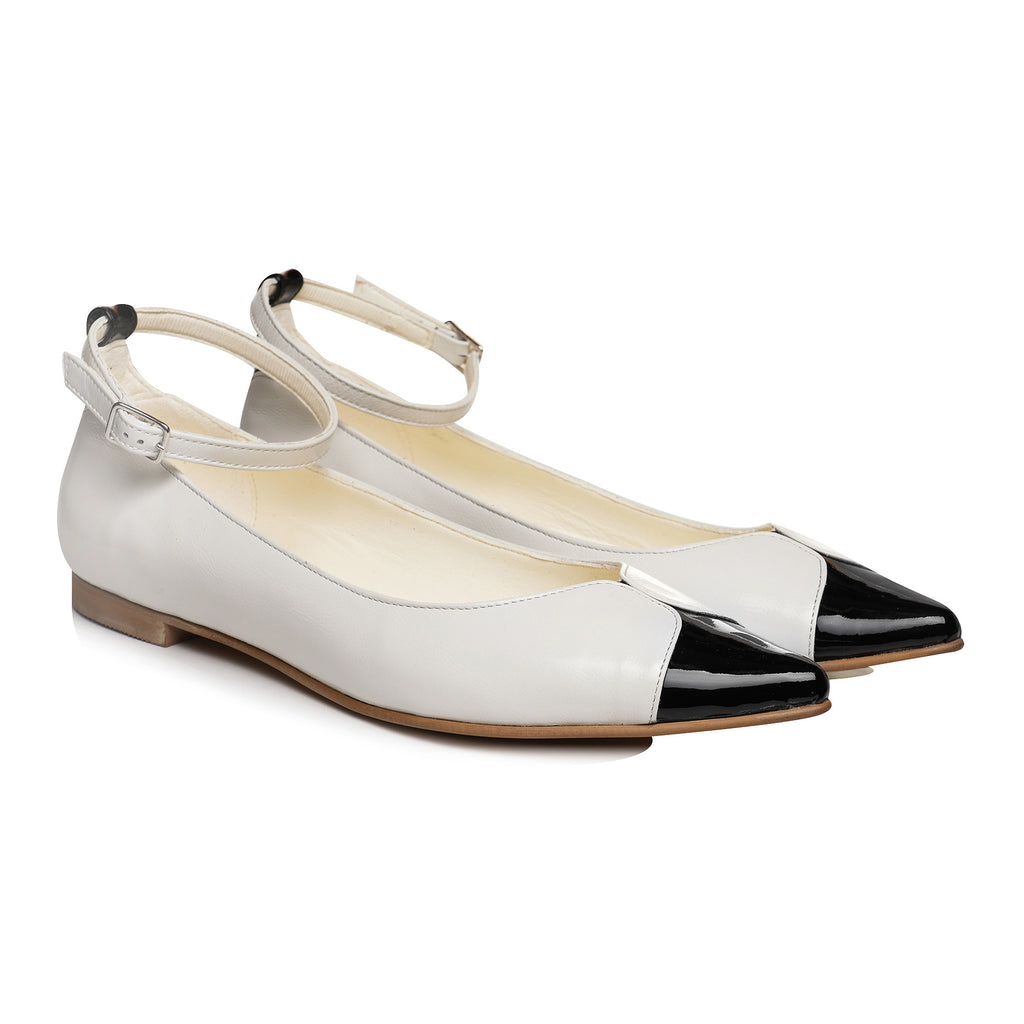 Balerini piele alb varf negru Anais E14 - orice culoare
