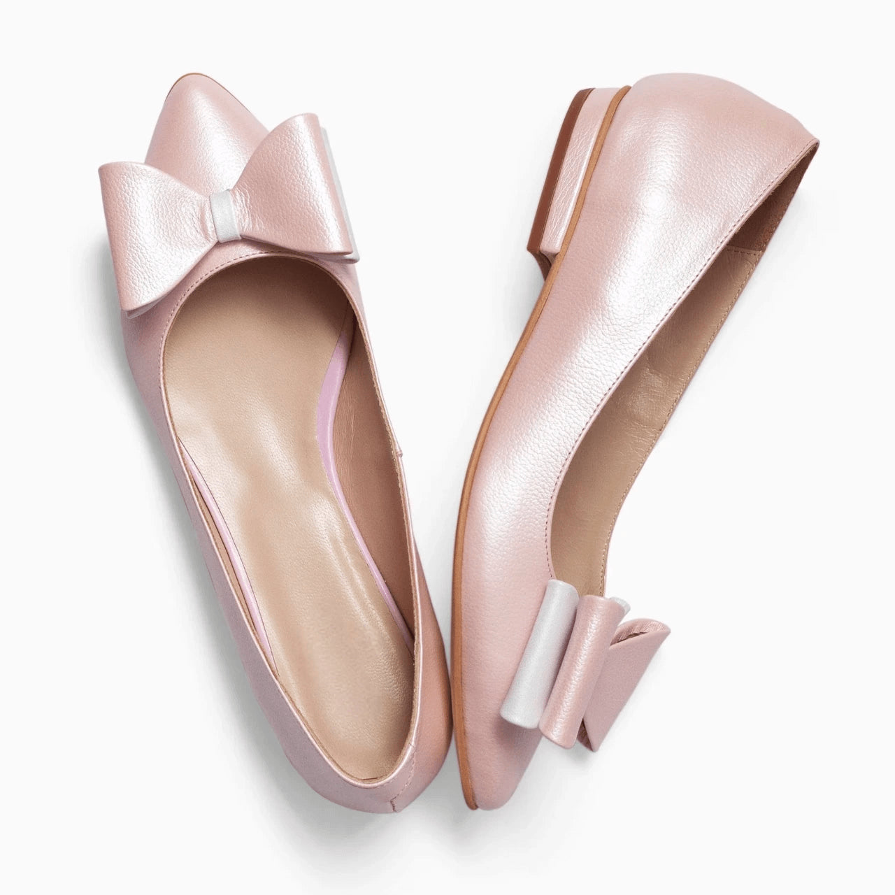Balerini din piele naturala roz cu fundite D19 - orice culoare