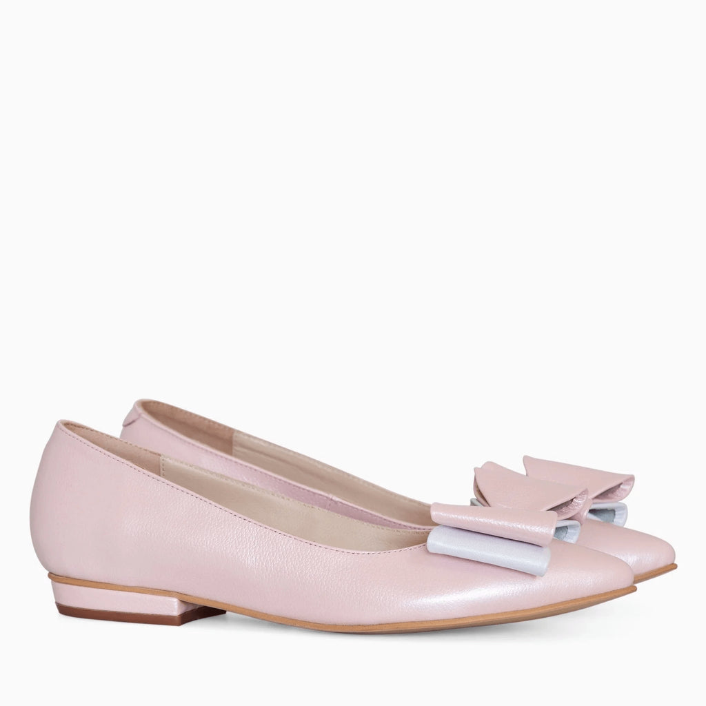 Balerini din piele naturala roz cu fundite D19 - orice culoare