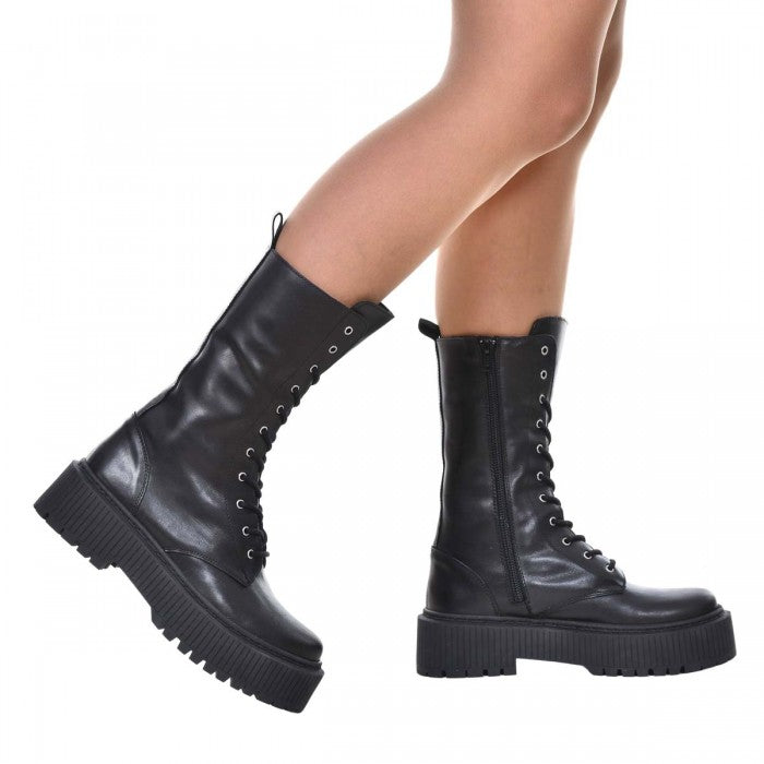 Bocanci piele naturala negru cu platforma S37 -  Orice Culoare