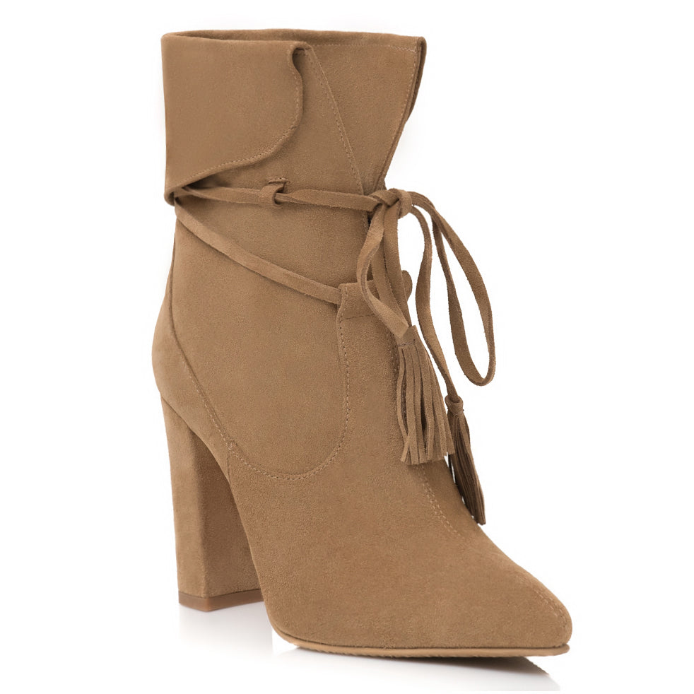 Botine Piele Intoarsa Bej Sara E5 - Orice Culoare