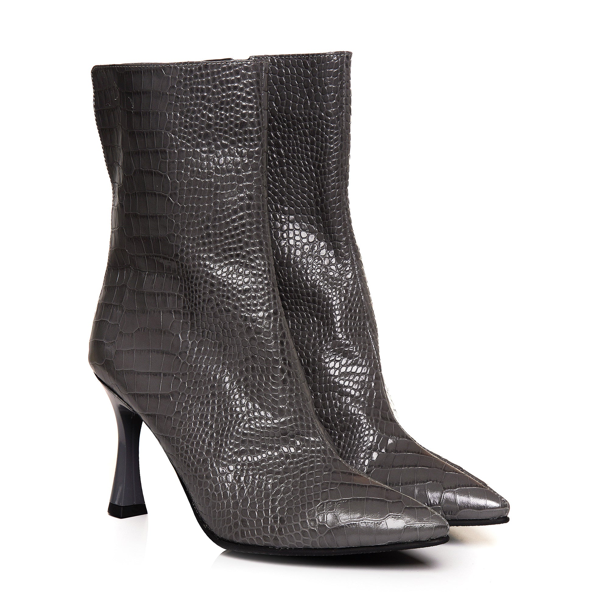 Botine Piele Imprimeu Croco Gri Toc Clepsidra C41 - Orice Culoare