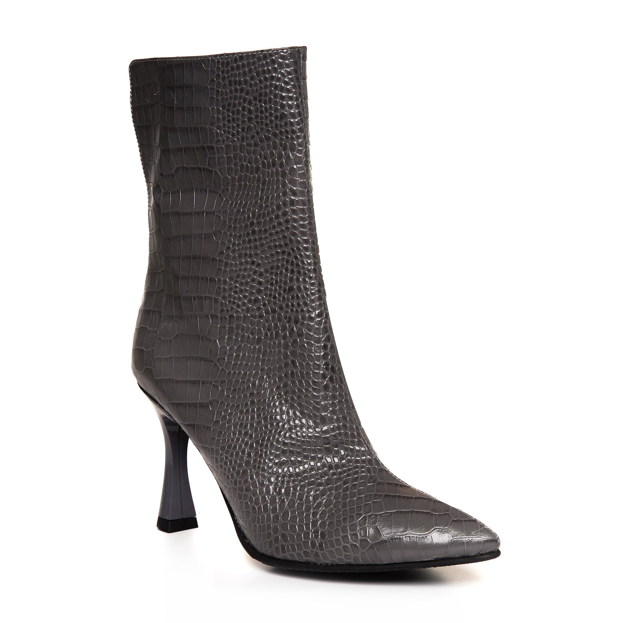 Botine Piele Imprimeu Croco Gri Toc Clepsidra C41 - Orice Culoare