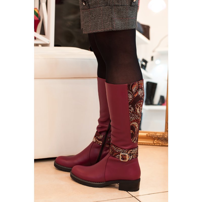 Cizme Dama Piele Bordo cu Imprimeu Floral D15 - Orice Culoare