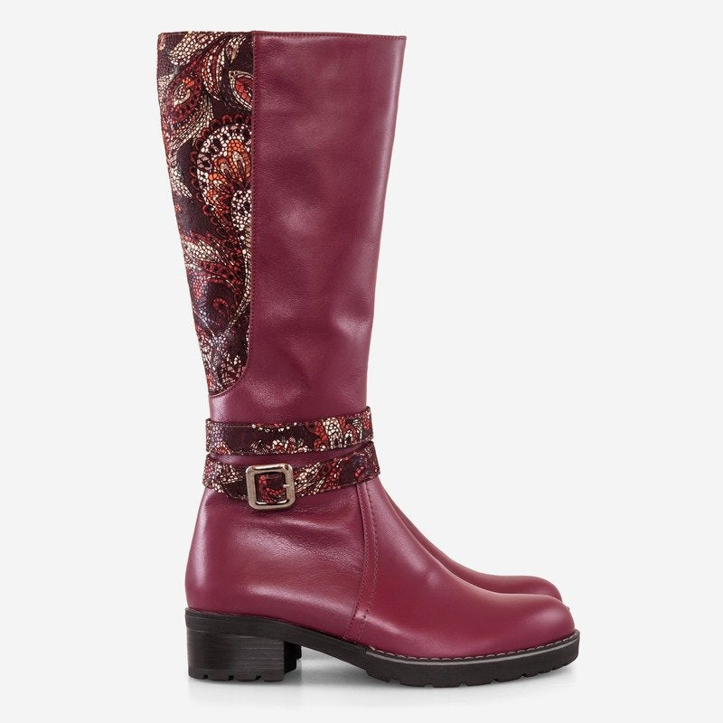 Cizme Dama Piele Bordo cu Imprimeu Floral D15 - Orice Culoare