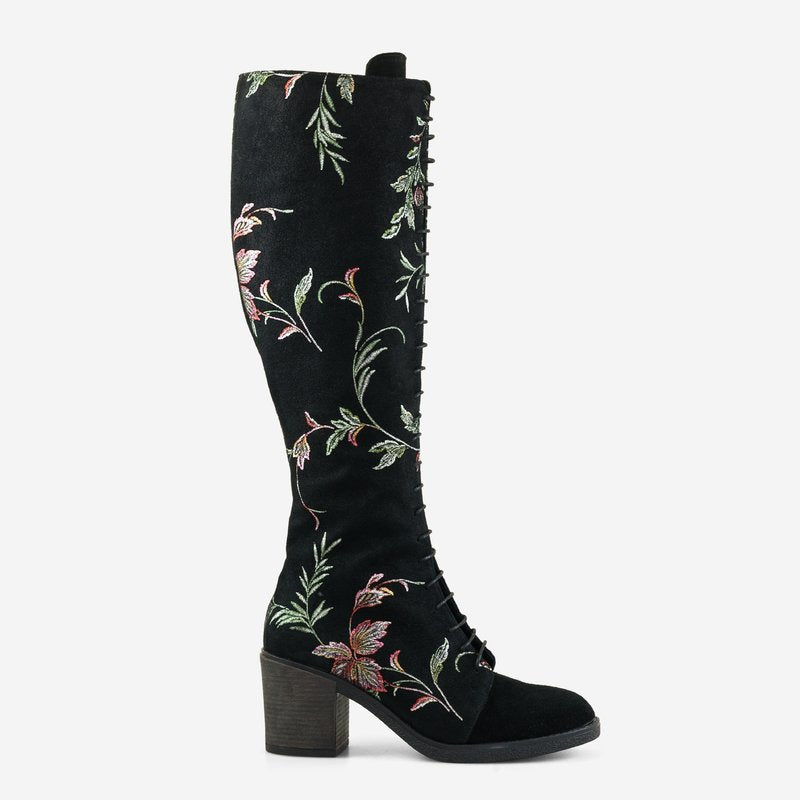 Cizme dama piele naturala imprimeu floral cu siret D12 - Orice Culoare