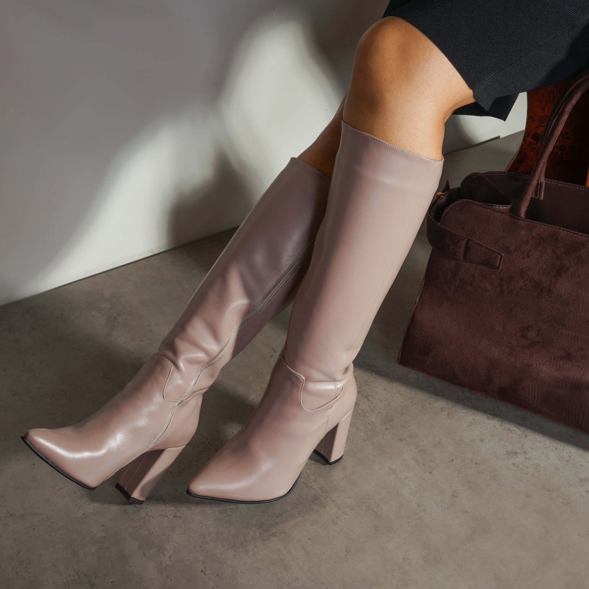 Cizme Stiletto Piele Bej Toc Gros Anabel - orice culoare