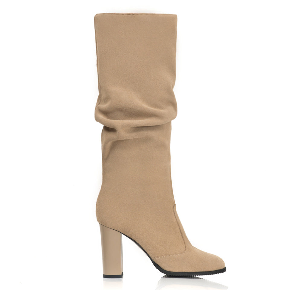 Cizme dama piele intoarsa negru-nude fronsate S1 - orice culoare