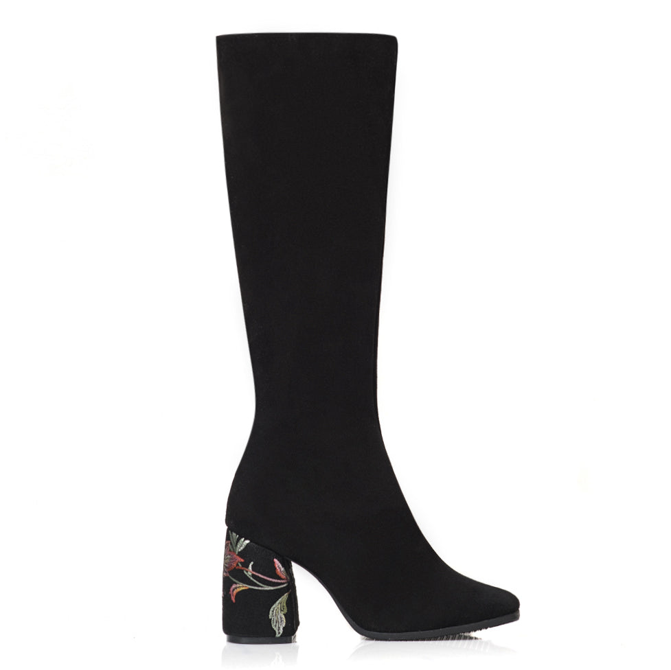 Cizme Piele Negru Toc Floral Mina C20 - orice culoare
