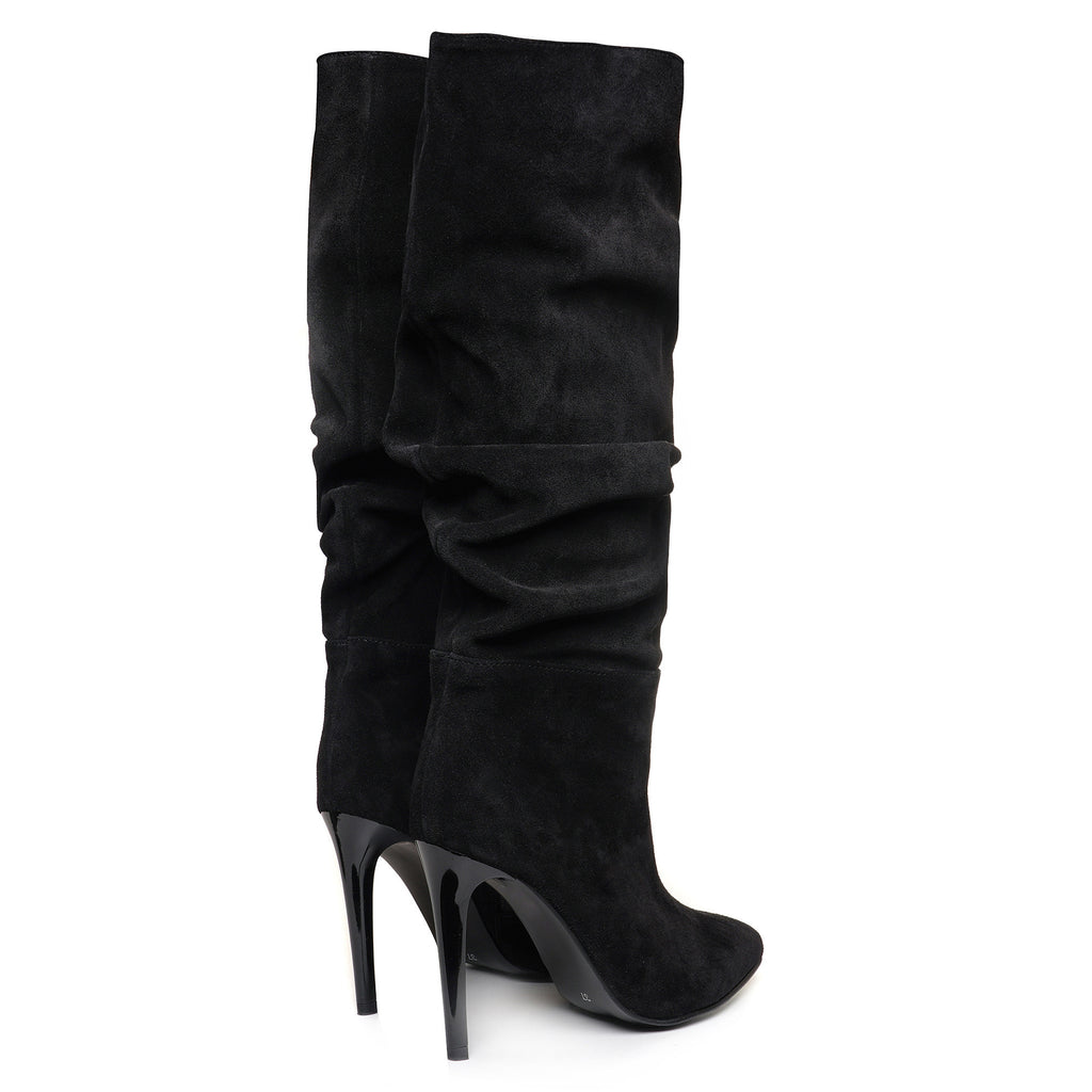 Cizme Stiletto Fronsate Piele Intoarsa Negru C24 - orice culoare