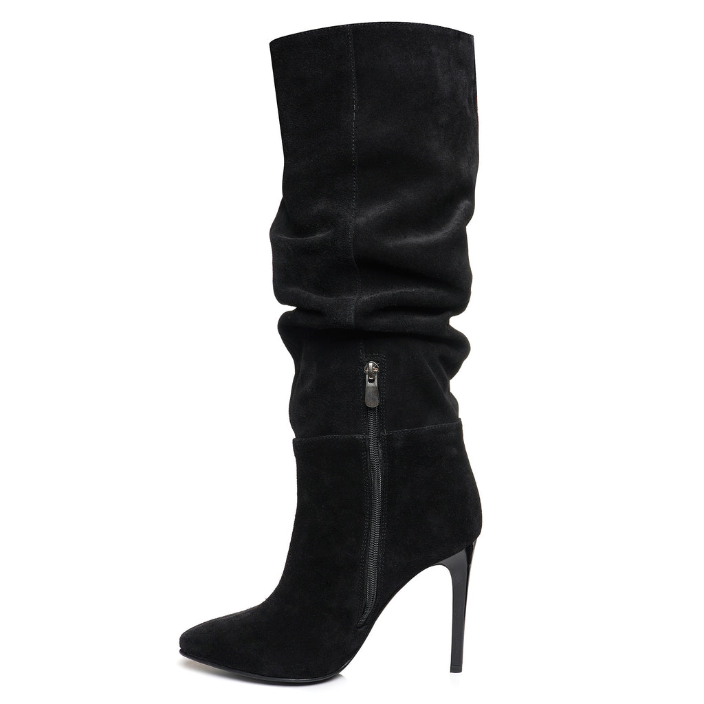 Cizme Stiletto Fronsate Piele Intoarsa Negru C24 - orice culoare