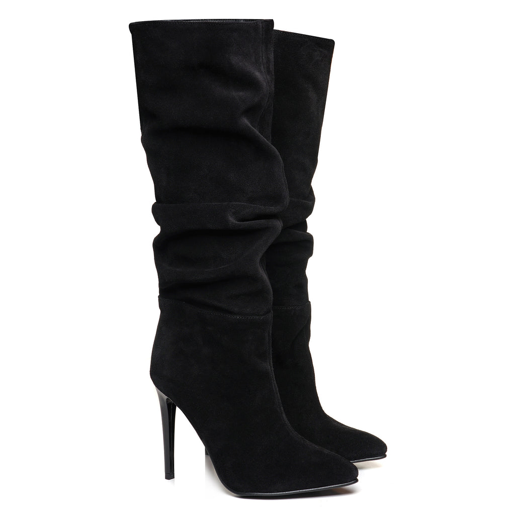 Cizme Stiletto Fronsate Piele Intoarsa Negru C24 - orice culoare