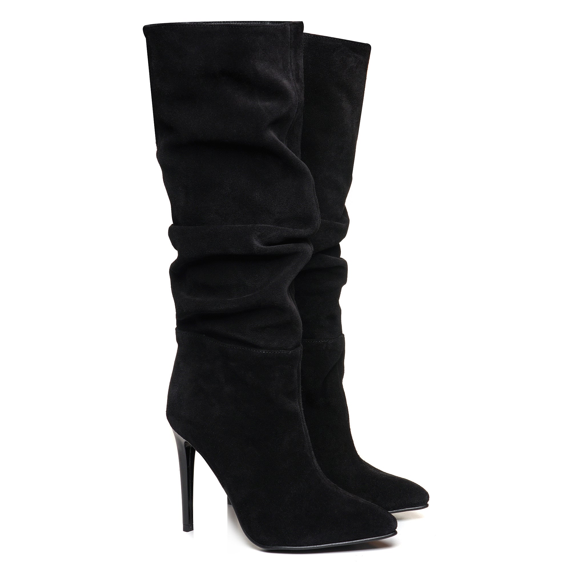 Cizme Stiletto Fronsate Piele Intoarsa Negru C24 - orice culoare