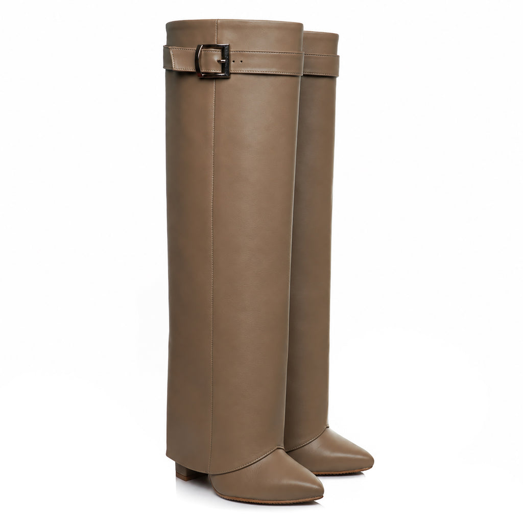 Cizme cu toc tip pantalon piele naturala bej - orice culoare