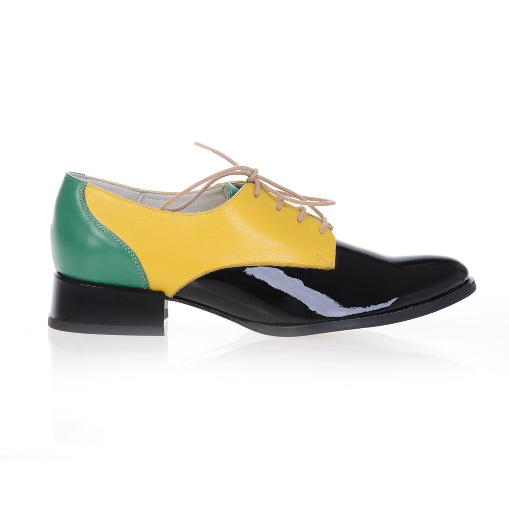 Pantofi Oxford Combi piele naturala, disponibili pe orice culoare - verde/galben/negru