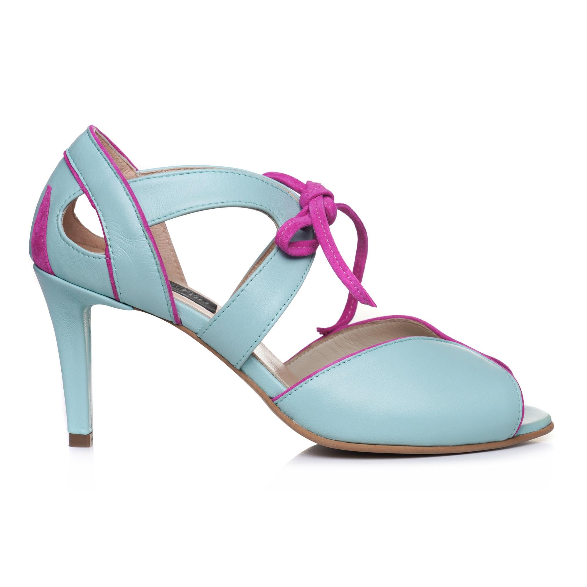 Sandale retro piele turcoaz/fucsia E21 - orice culoare