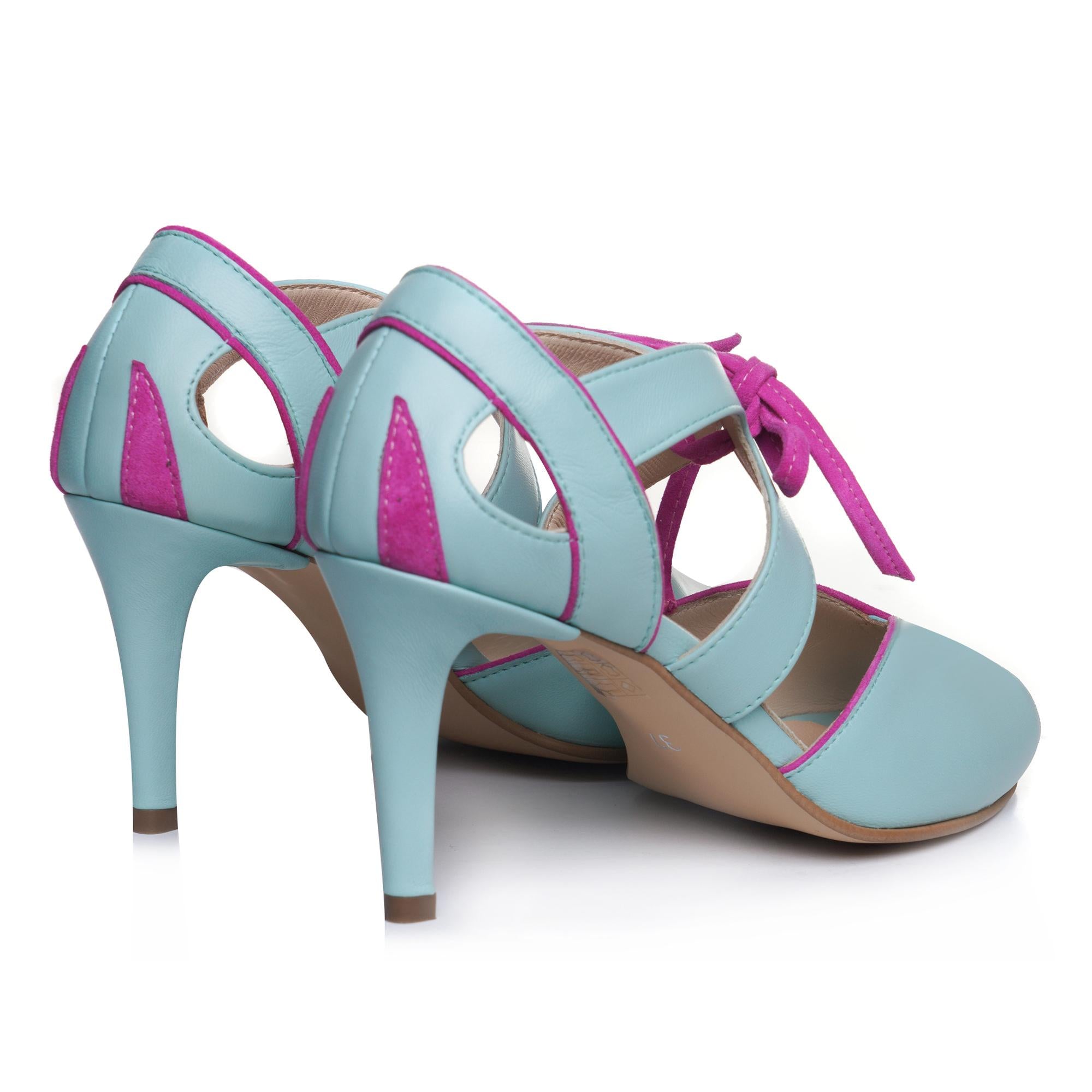 Sandale retro piele turcoaz/fucsia E21 - orice culoare