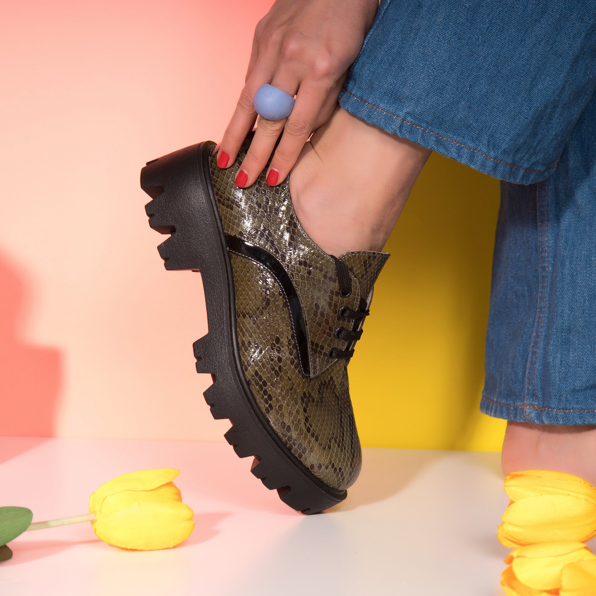 Pantofi Talpa Joasa Piele Imprimeu Sarpe Kaki T80  -  orice culoare