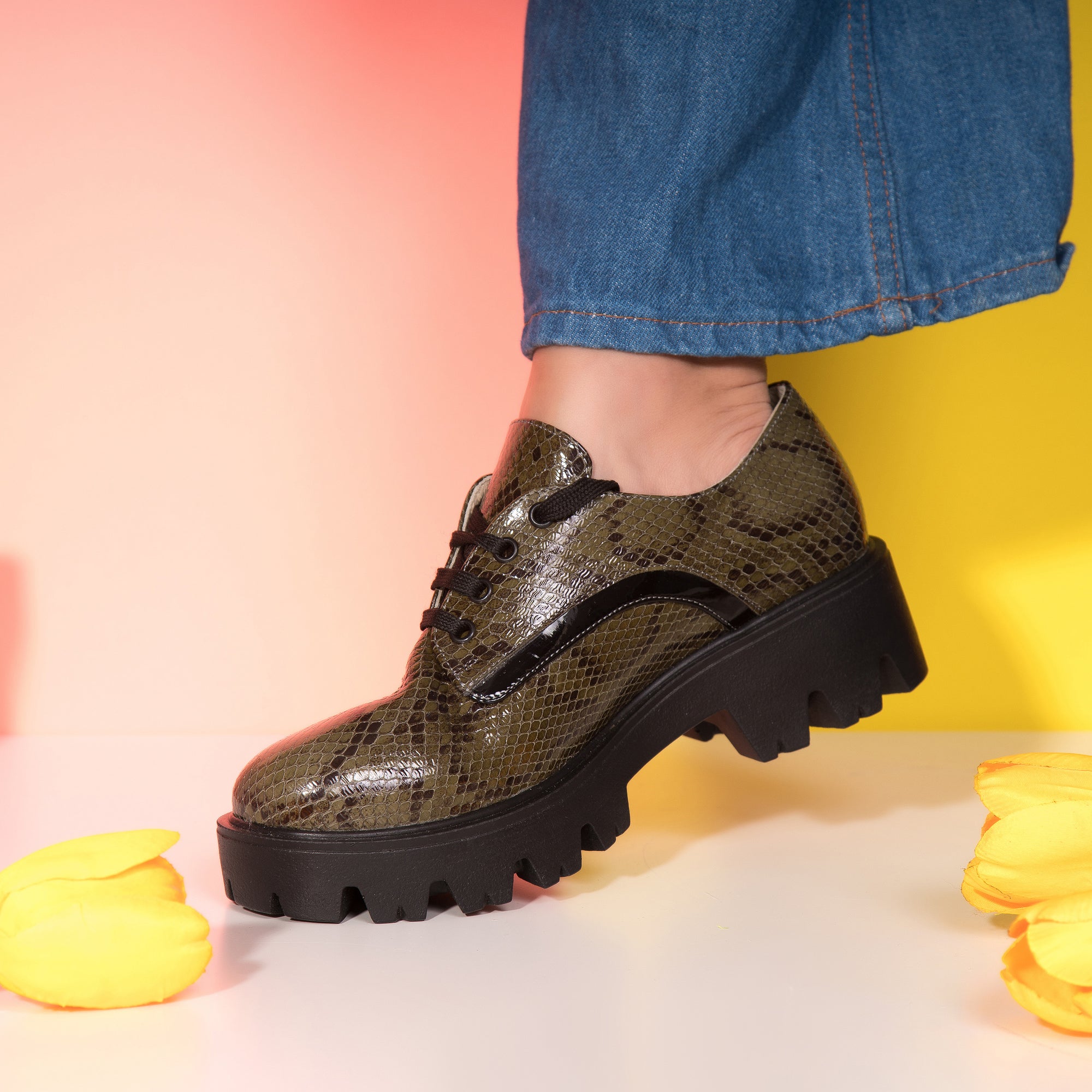 Pantofi Talpa Joasa Piele Imprimeu Sarpe Kaki T80  -  orice culoare