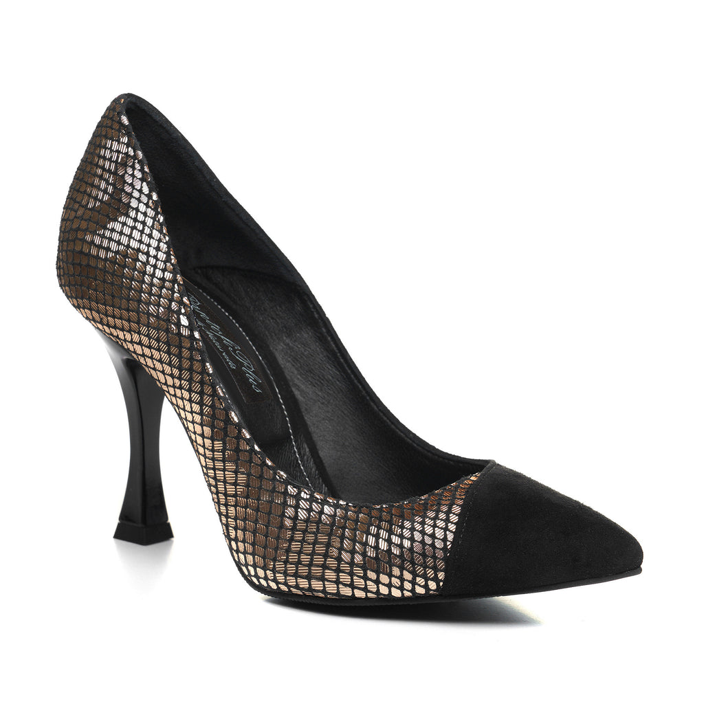 Pantof Stiletto Piele Auriu/Negru Toc Clepsidra L49   - orice culoare