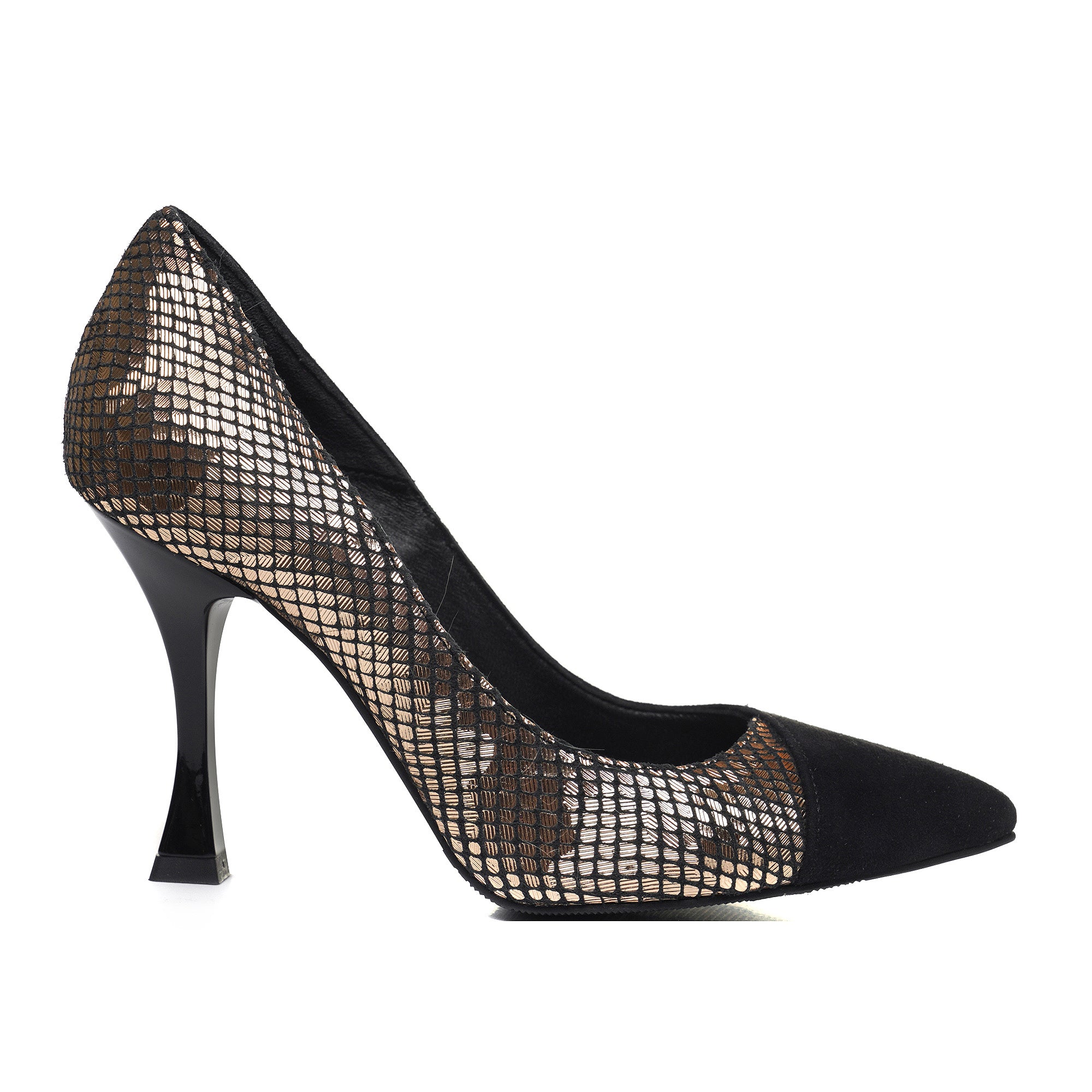 Pantof Stiletto Piele Auriu/Negru Toc Clepsidra L49   - orice culoare