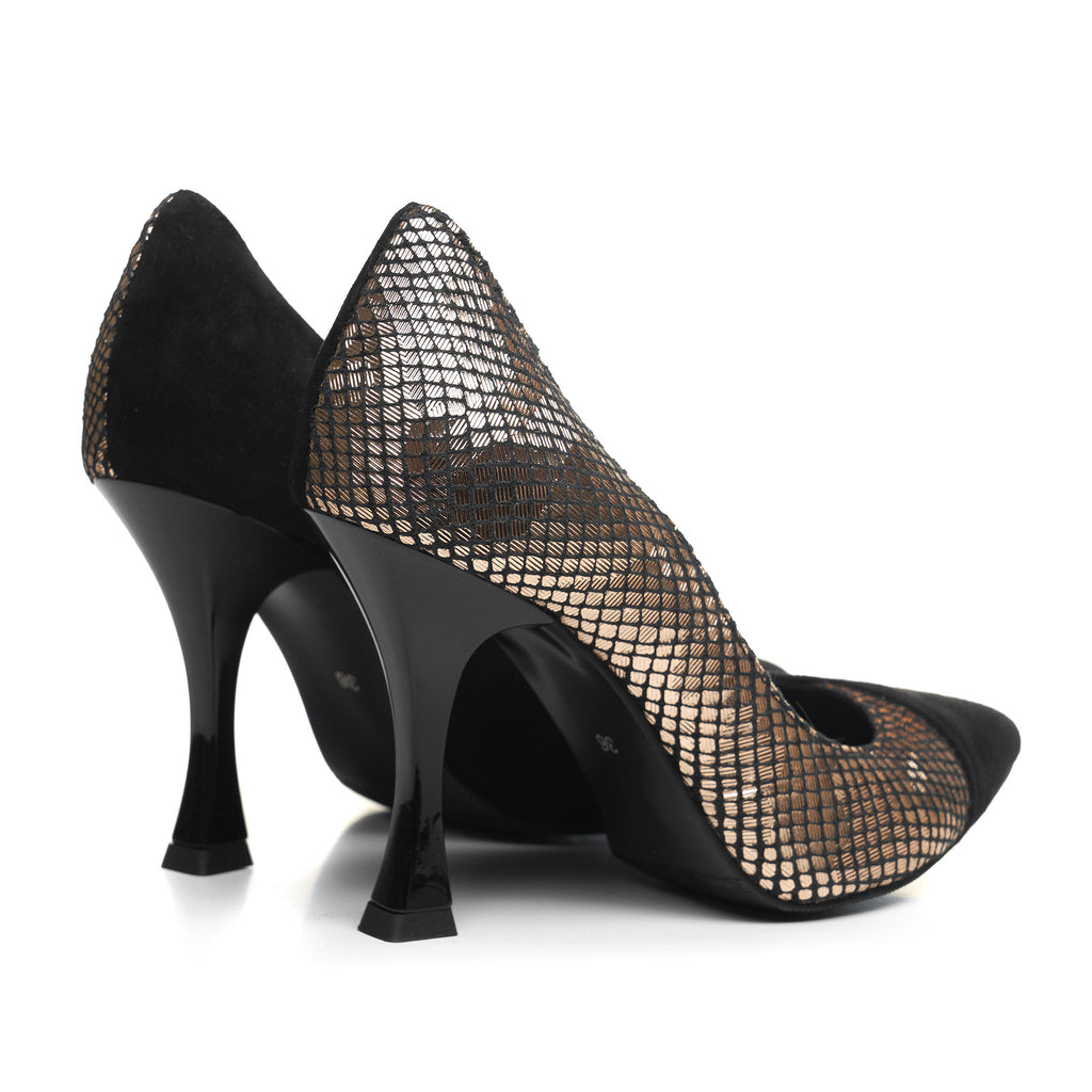 Pantof Stiletto Piele Auriu/Negru Toc Clepsidra L49   - orice culoare
