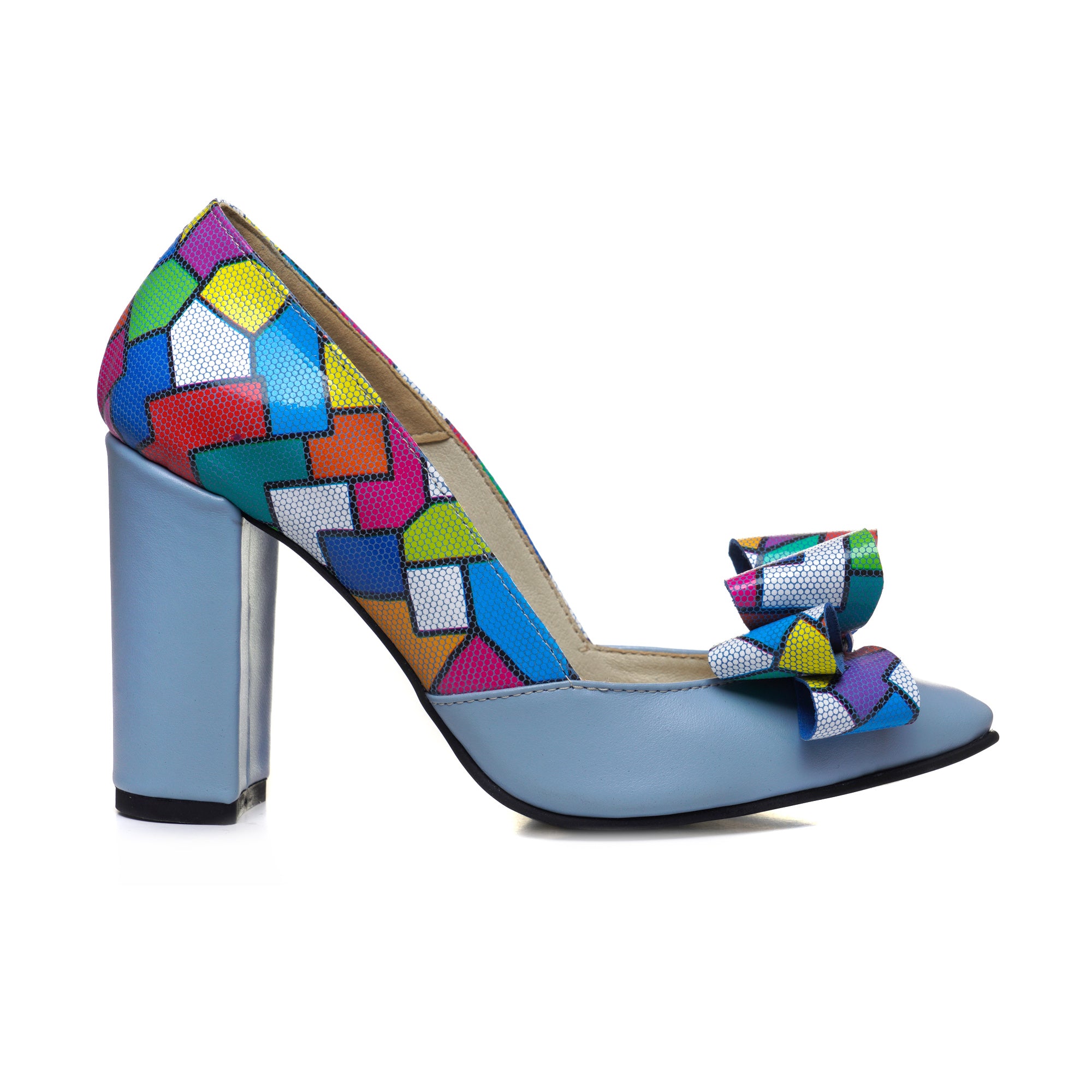 Pantofi Piele Bleu Funda Tridimensionala Multicolora V22 - Orice Culoare