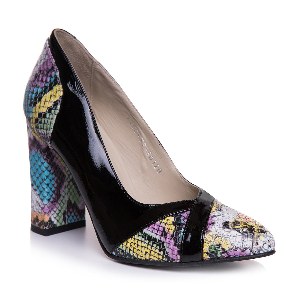 Pantofi Piele Lacuita Negru Imprimeu Sarpe Color T79 - orice culoare