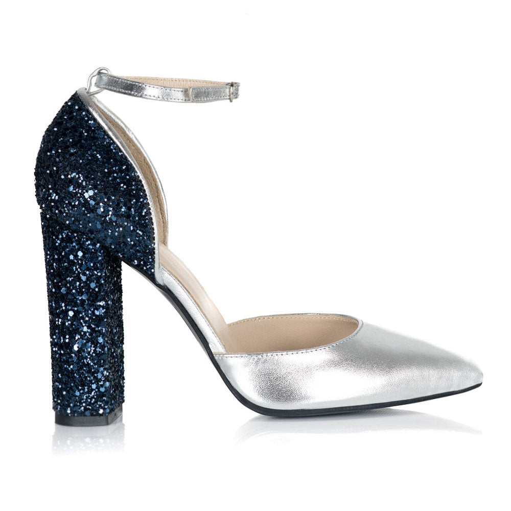 Pantofi Piele Argintiu Glitter Bleumarin S12 - orice culoare