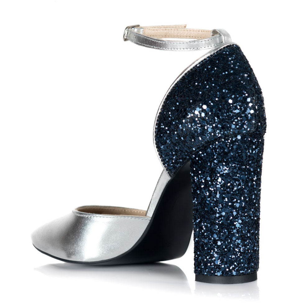 Pantofi Piele Argintiu Glitter Bleumarin S12 - orice culoare