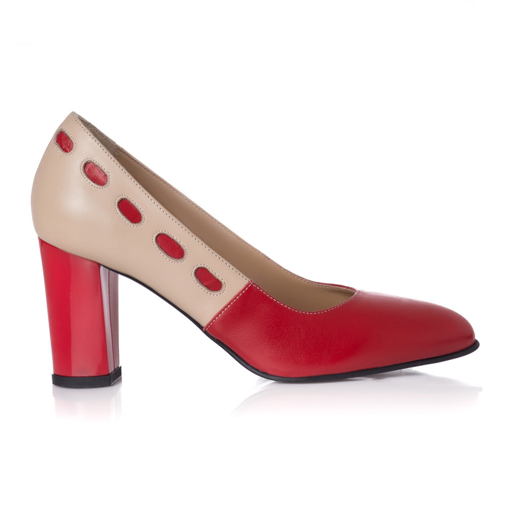 Pantoful Piele Rosu/Crem Lora T22 - Orice Culoare