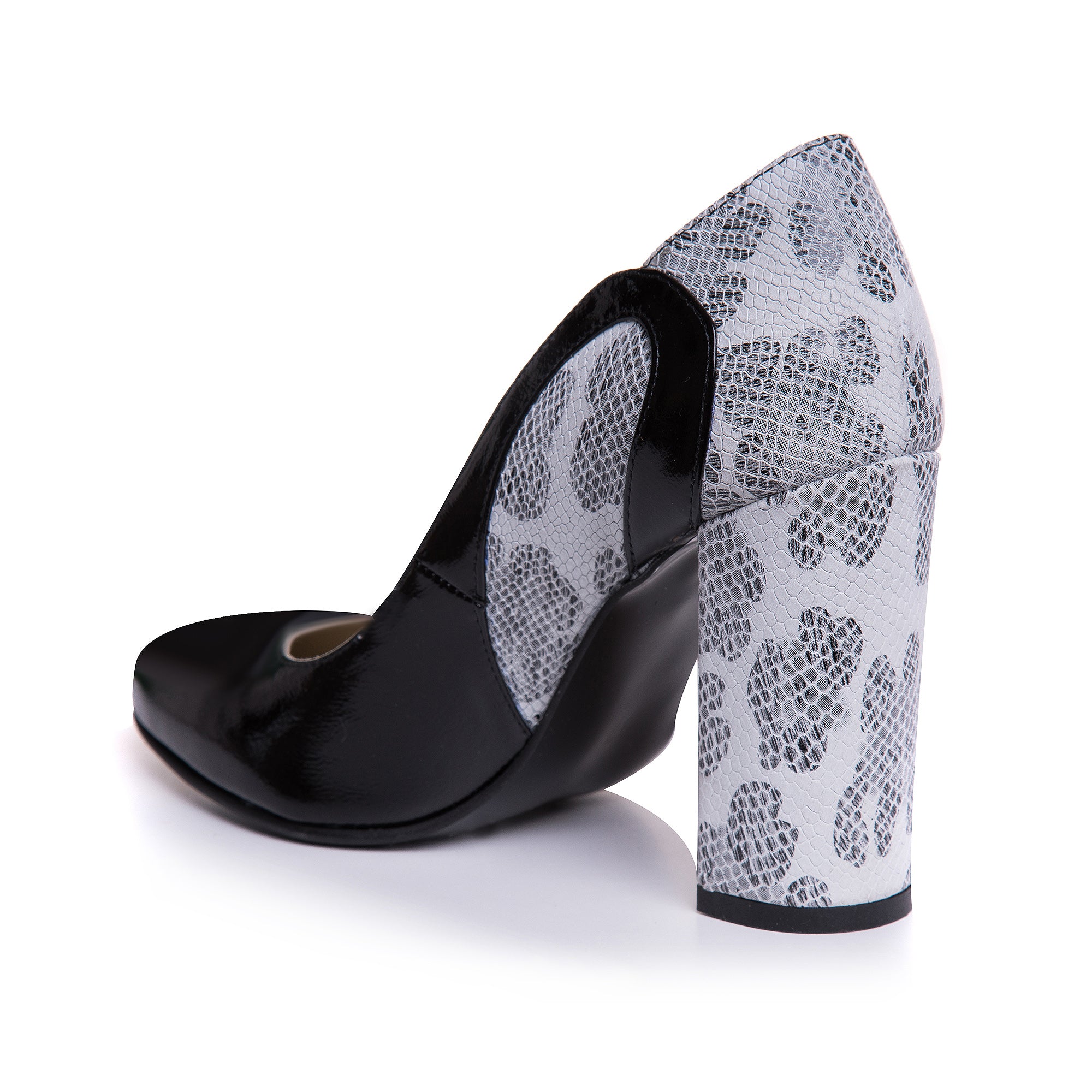 Pantofi Piele Lacuita Negru / Animal Print Alb T89 - orice culoare