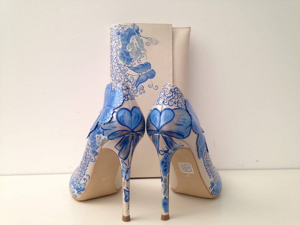 Pantofi Pictati Manual Butterfly Albastru/Nude - orice culoare