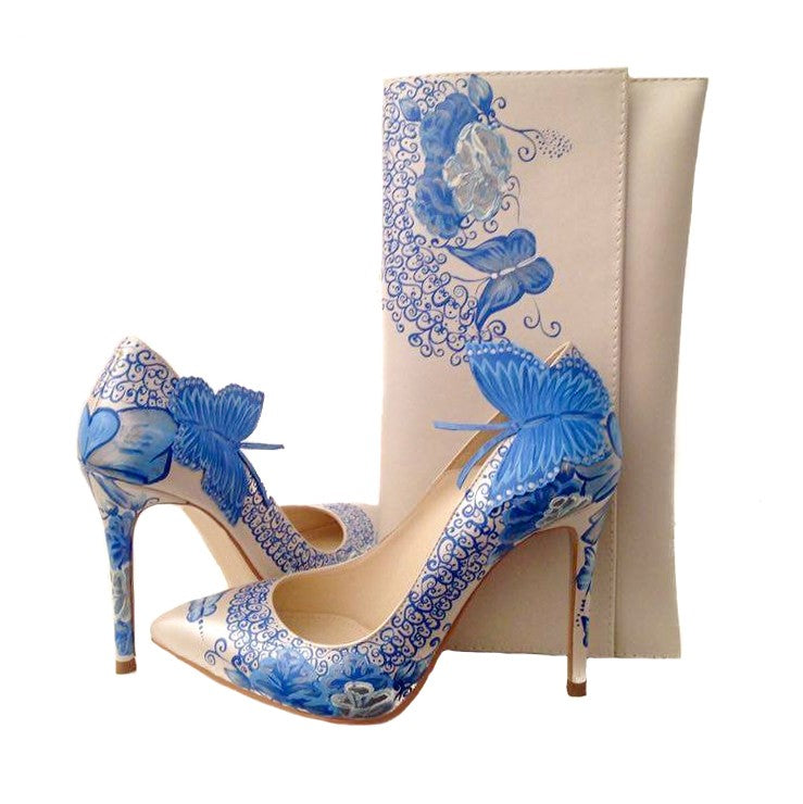 Pantofi Pictati Manual Butterfly Albastru/Nude - orice culoare