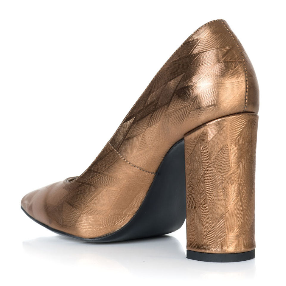 Pantofi Piele Auriu Varf Ascutit Toc Gros T15 - Orice Culoare
