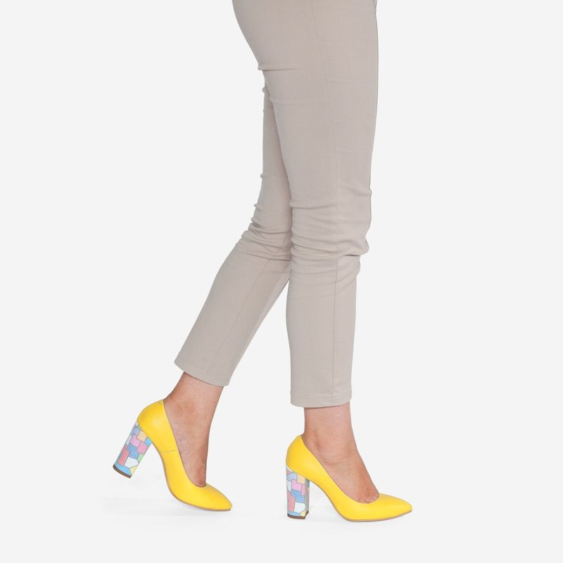 Pantofi Galben/Multicolor varf ascutit cu toc gros D17 - orice culoare