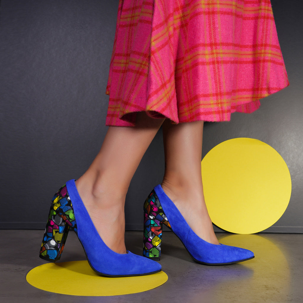 Pantofi Piele Intoarsa Albastru Electric Toc Color V23 - Orice Culoare