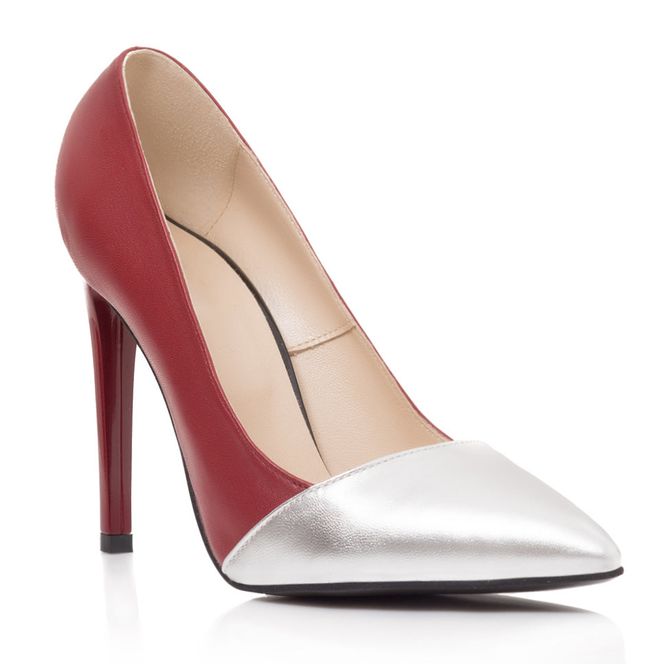Pantofi Stiletto Piele Bordo Varf Argintiu S12- orice culoare