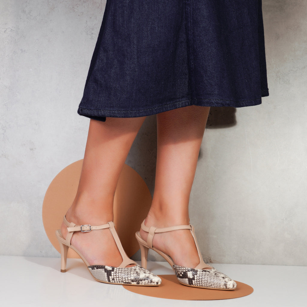 Pantofi Stiletto Decupat Piele Imprimeu Sarpe Bej - orice culoare