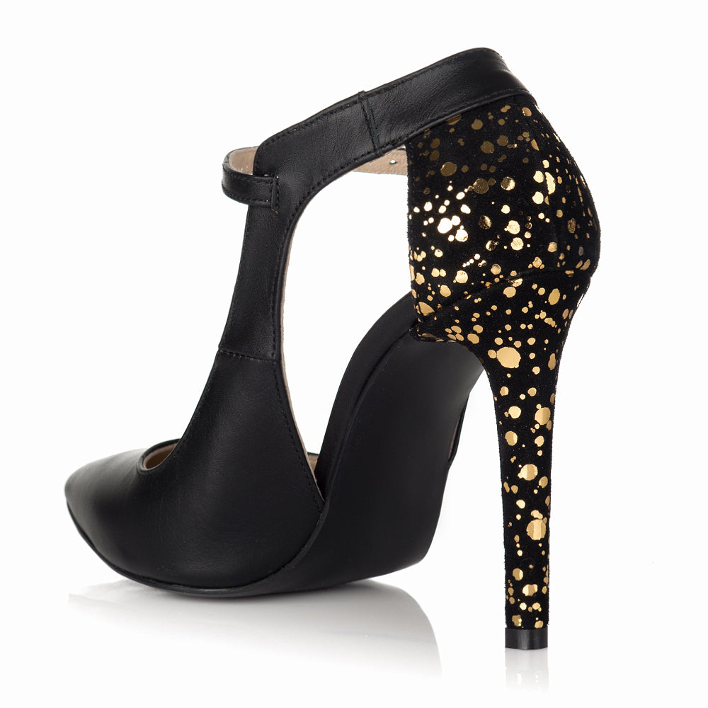 Pantofi Stiletto Piele Negru/Aplicatii Auriu S15 - orice culoare