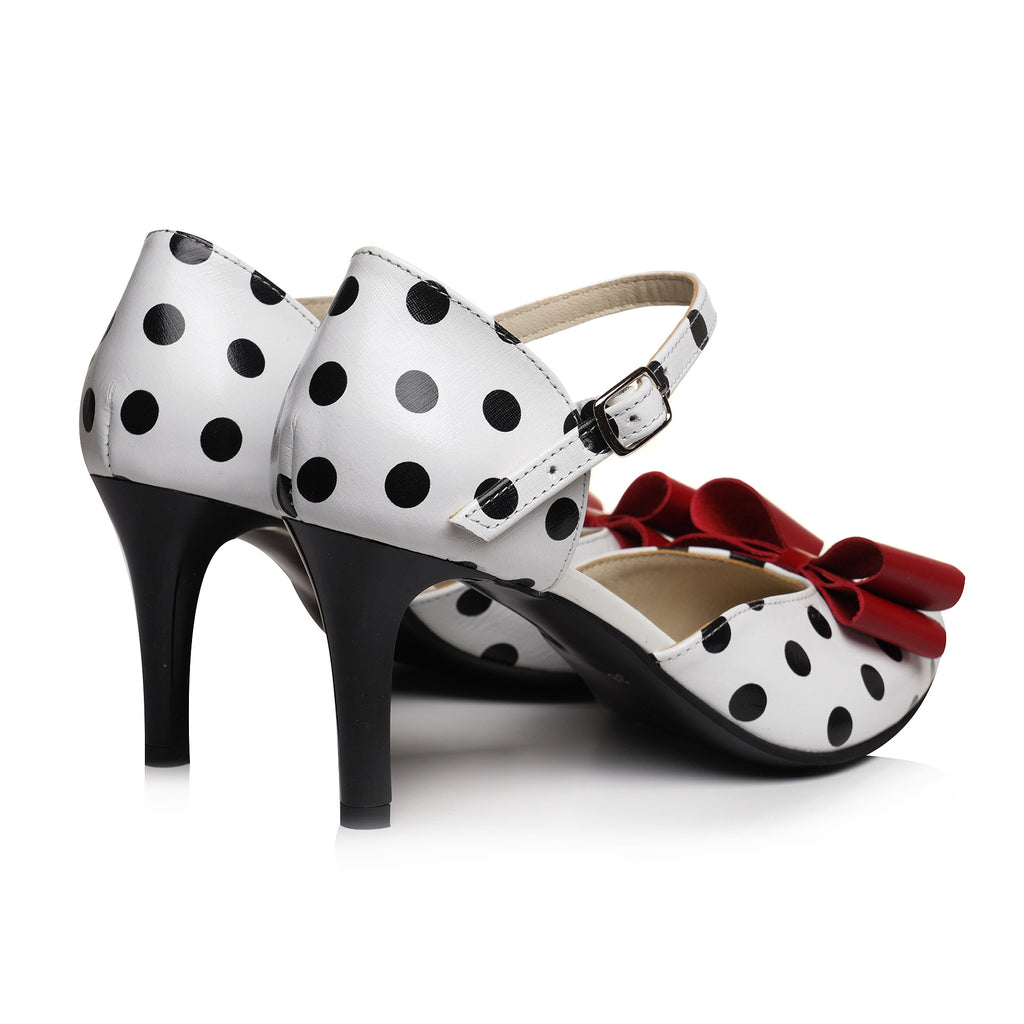 Pantofi Stiletto Piele Alb Cu Buline Negre Funda Rosie V93 - orice culoare