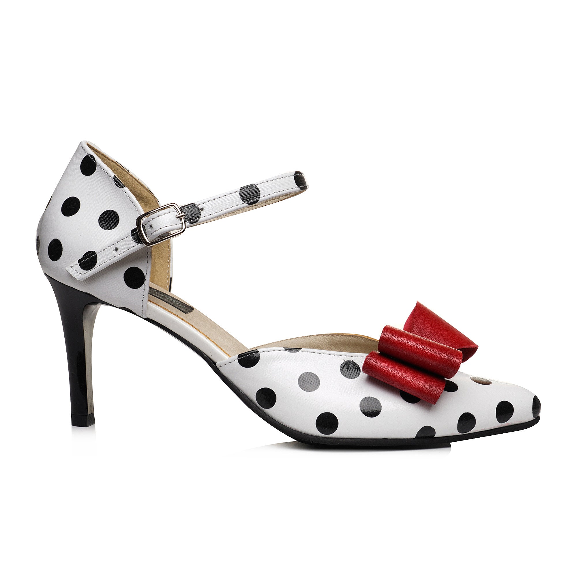 Pantofi Stiletto Piele Alb Cu Buline Negre Funda Rosie V93 - orice culoare