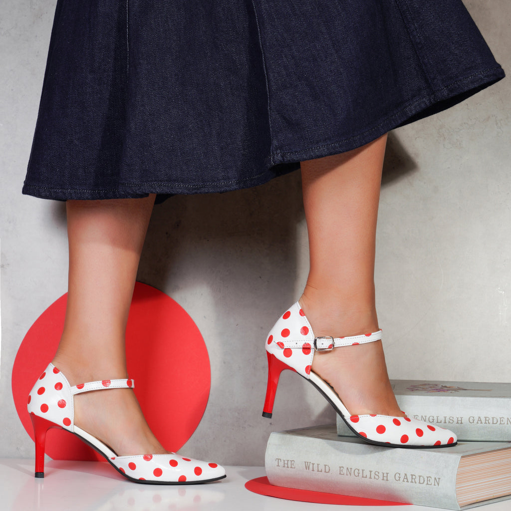 Pantofi Stiletto Piele Alb Cu Buline Rosii V94 - orice culoare