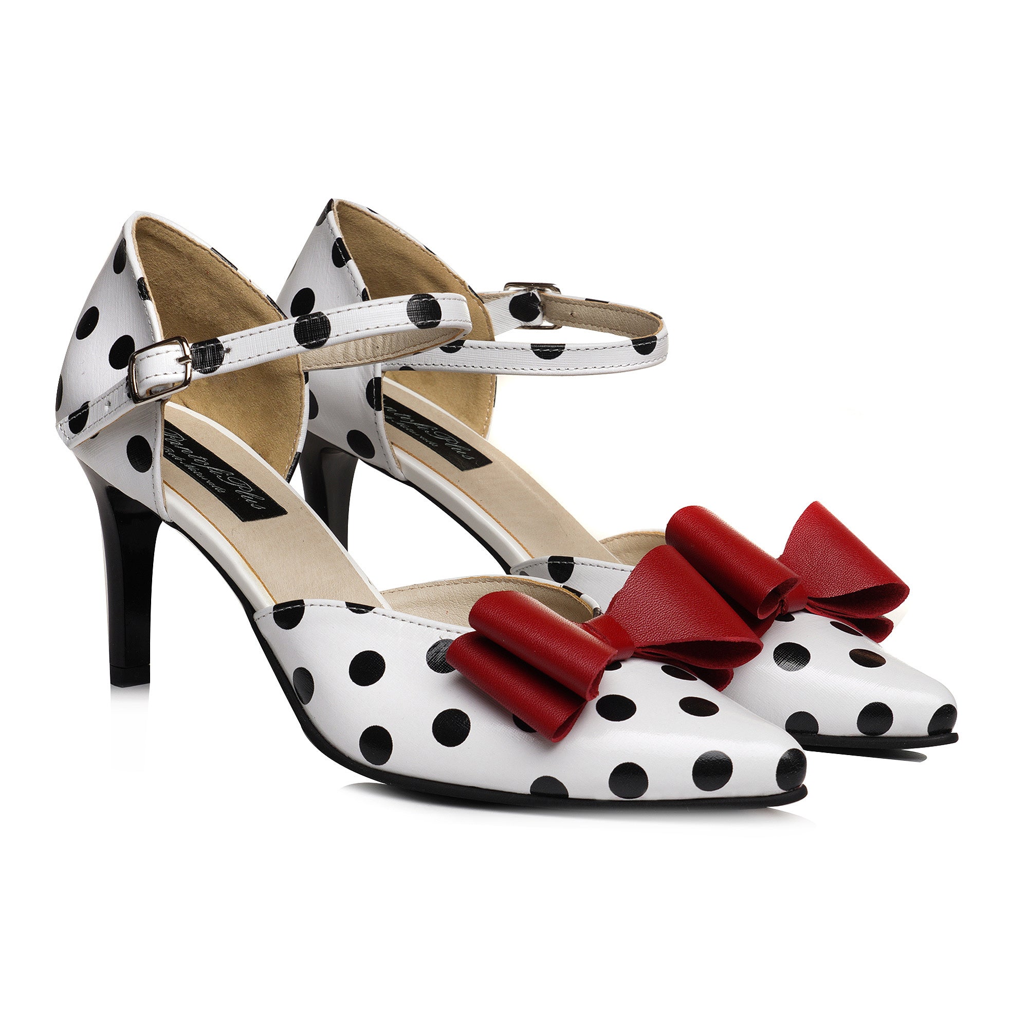 Pantofi Stiletto Piele Alb Cu Buline Negre Funda Rosie V93 - orice culoare