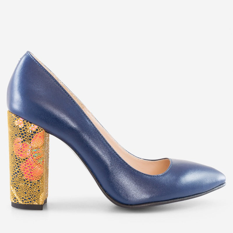 Pantofi Albastru/Auriu varf ascutit cu toc gros D17 - orice culoare