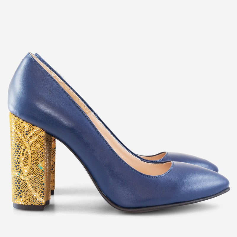 Pantofi Albastru/Auriu varf ascutit cu toc gros D17 - orice culoare